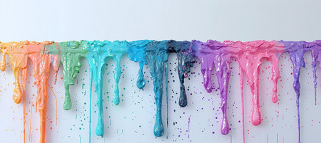 Colorful paint drips in rainbow hues cascade down a clean white surface, creating a vibrant, abstract visual.の素材