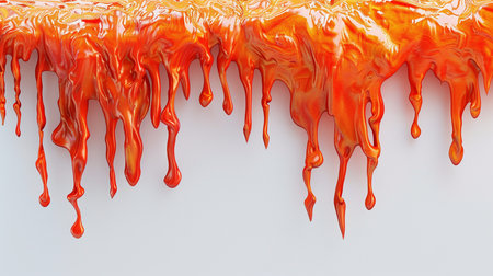 A stunning abstract visual of molten orange and gold liquid gracefully dripping and flowing over a stark white surface, creating a sense of dynamic movement and rich texture.の素材