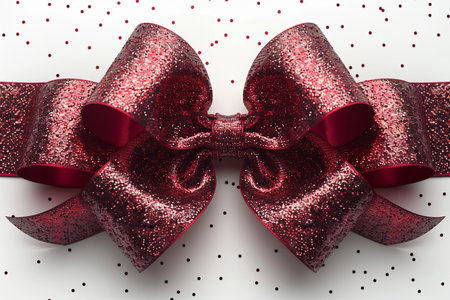 A beautiful, glittering red bow made of ribbon with sparkling confetti scattered on a clean white background.の素材