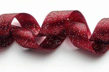 A close-up of a twisted red ribbon with white glitter accents, elegantly curved on a clean white surface.の素材