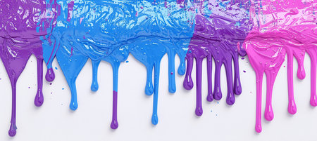 Colorful abstract dripping paint in shades of purple, blue, and pink creates a dynamic and visually engaging composition on a clean white surface.の素材
