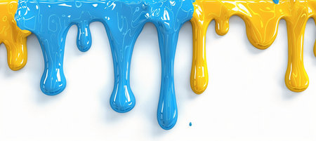 Abstract image of viscous, glossy blue and yellow paint flowing and dripping in a dynamic, organic pattern on a white surface.の素材