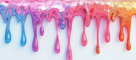 A colorful, viscous slime art with iridescent hues of blue, pink, and orange, dripping and flowing down a white background.の素材
