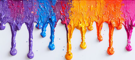 Abstract background created with thick, colorful paint drips in a vibrant spectrum of purple, blue, yellow, orange, and pink, showcasing a glossy texture.の素材