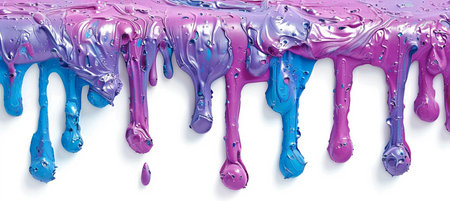 Close-up view of thick, glossy purple and blue paint dripping down, creating a vibrant, abstract texture with a metallic effect.の素材