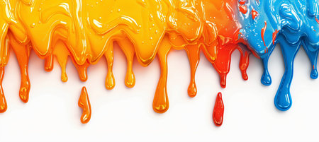 Abstract vibrant colors of paint dripping like liquid. Glossy texture with smooth transitions between yellow, orange, red, and blue.の素材