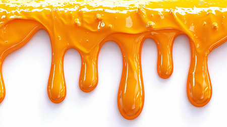 A close-up view of thick, bright orange slime with air bubbles, elegantly dripping and oozing against a clean white backdrop.の素材