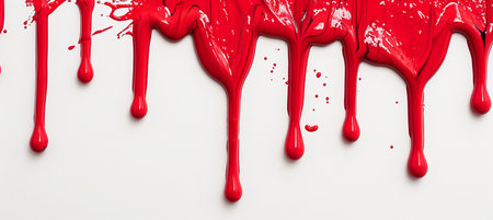 Red paint dripping isolated on white background with copy space for text.の素材