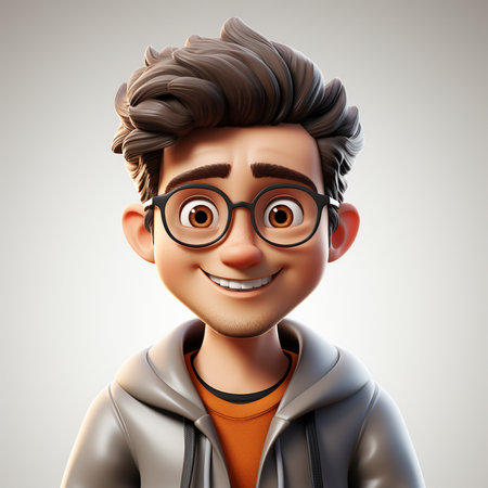 A friendly, smiling cartoon boy with brown hair and glasses, wearing a gray hoodie over an orange shirt. Close-up portrait.の素材