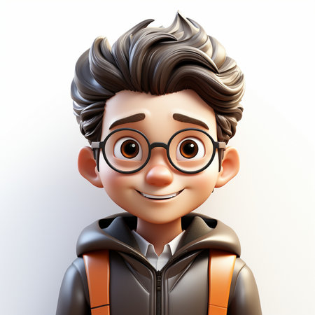 A 3D render illustration of a cheerful young boy with a backpack, wearing glasses and a hoodie. Perfect for educational or playful themes.の素材
