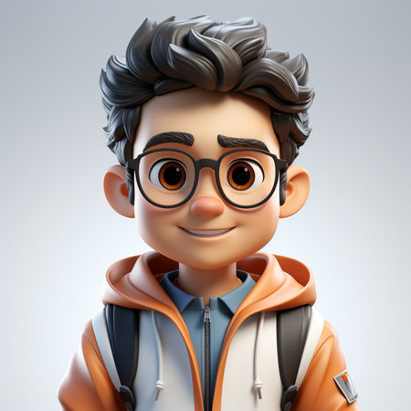 A cheerful 3D cartoon boy with dark curly hair, glasses, and an orange hoodie, wearing a backpack. Perfect for educational or fun themes.の素材