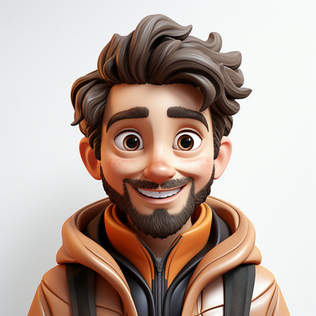 A friendly cartoon man with messy brown hair and a beard, wearing a brown hoodie, smiles with wide eyes and freckles.の素材