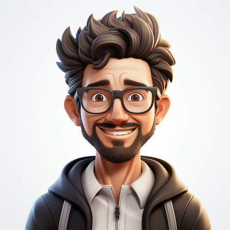 A smiling cartoon man with a beard and glasses, wearing a hoodie and shirt. Digital illustration.の素材