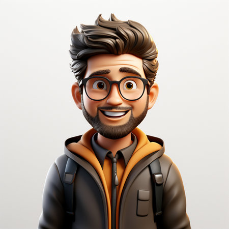 A cheerful 3D cartoon man with stylish hair, glasses, and a beard, wearing a hoodie and a backpack, smiling warmly.の素材