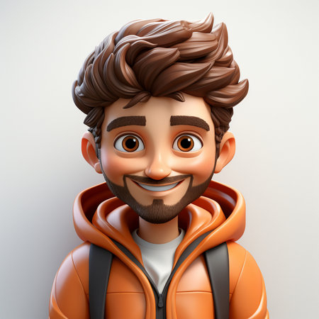 3D Illustration of a young man with a beard wearing an orange jacketの素材