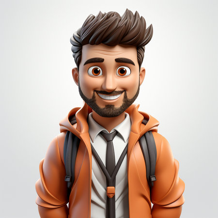 3d illustration of a happy young man with backpack on his backの素材