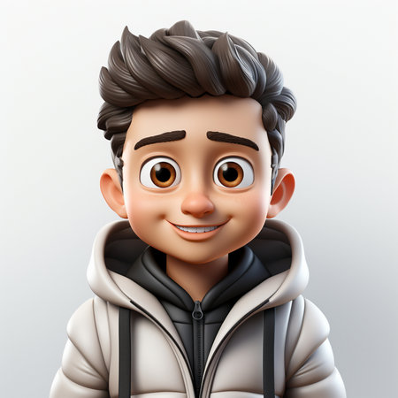3D illustration of a young man wearing a white hoodie and smilingの素材