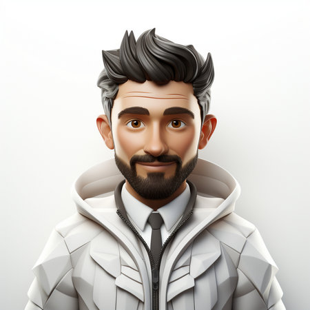 A stylized 3D illustration of a handsome man with a beard, trendy hairstyle, and formal wear under a modern hoodie.の素材