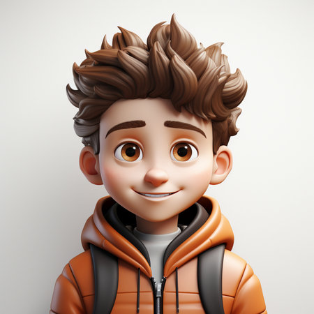 3d render of a boy with a hairstyle in an orange jacketの素材