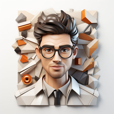 Creative portrait of young handsome man with stylish hairstyle and eyeglasses. 3d renderingの素材
