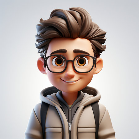 3D Illustration of a young man with glasses and a backpackの素材