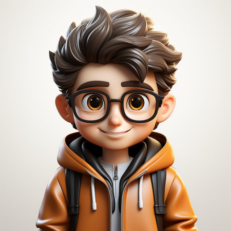 3D Render of Cute Little Boy with Brown Jacket and Glassesの素材