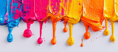 Colorful paint splashes isolated on white background, top view.の素材