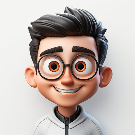 A charming 3D cartoon illustration of a young boy with big eyes, round glasses, and stylish black hair, beaming with a friendly smile.の素材