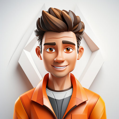 A smiling cartoon man with spiky brown hair, wearing an orange jacket and a white t-shirt, with a geometric background.の素材