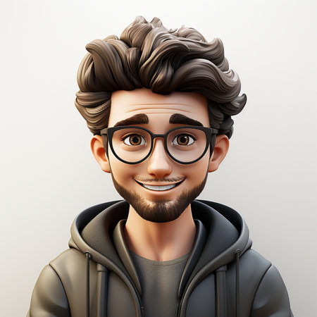 A cheerful cartoon man with glasses and a beard, dressed in a hoodie, offers a warm smile. Digital illustration.の素材