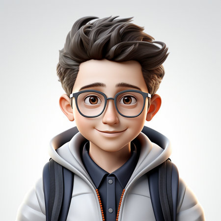 3D illustration of a cute boy with glasses and a backpack.の素材