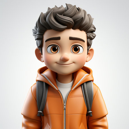 3D illustration of a boy wearing a warm jacket with a backpackの素材
