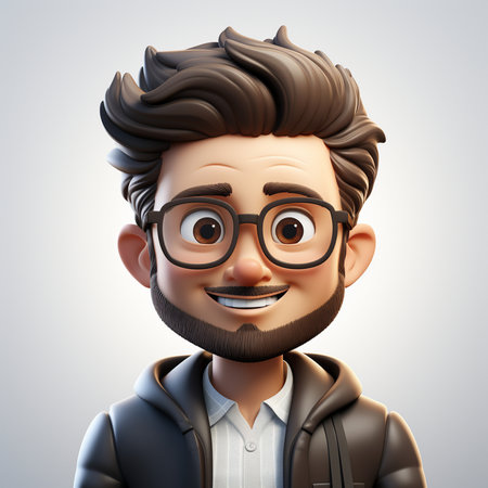 3D Illustration of a young man with glasses and a beard wearing a leather jacketの素材