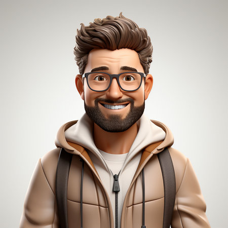 Portrait of a hipster man with beard and glasses in a brown hoodie on a gray backgroundの素材