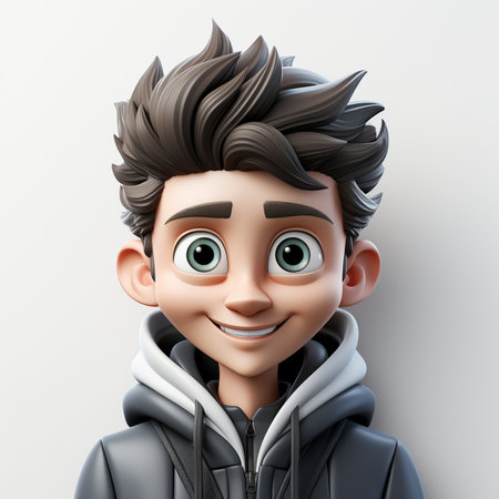 3d illustration of a cute teenager boy in a hoodie smilingの素材
