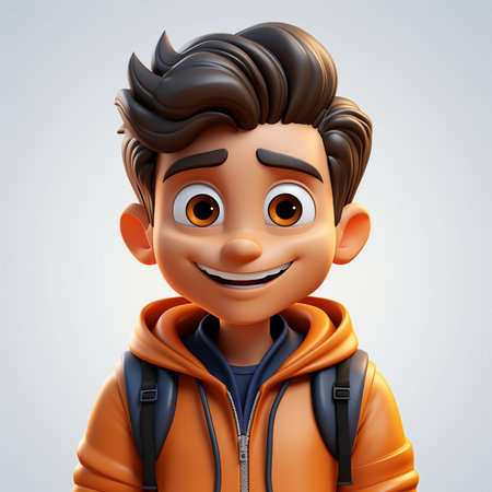 Young boy with orange jacket and backpack. 3d render illustration.の素材