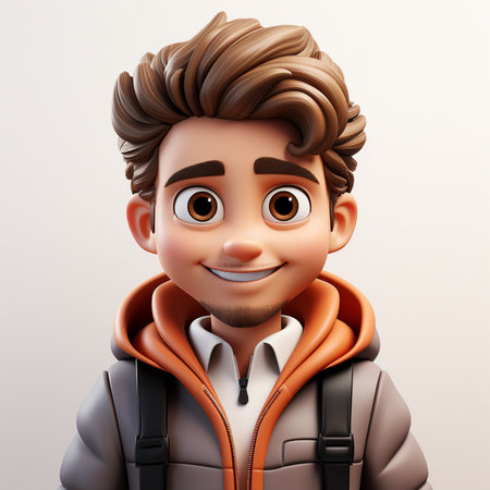 3d illustration of a young man wearing a warm jacket and backpackの素材