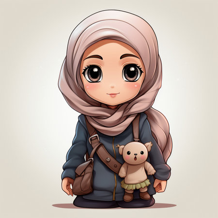 Cute muslim girl in hijab with teddy bear. Vector illustration.の素材