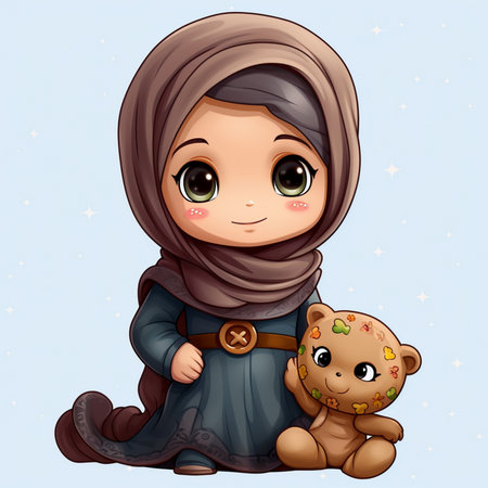Cute muslim girl with teddy bear. Vector illustration.の素材