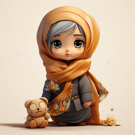 Cute muslim girl with teddy bear, 3d renderingの素材