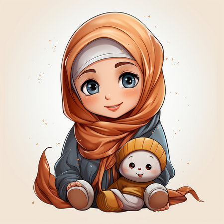 Muslim girl with baby in her arms. Cute cartoon illustration.の素材
