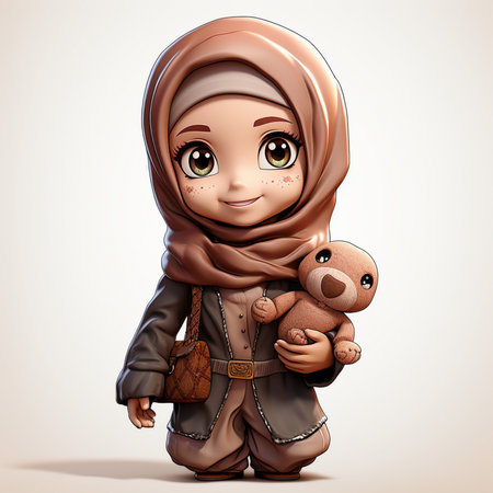 Cute muslim girl with teddy bear, 3d renderingの素材