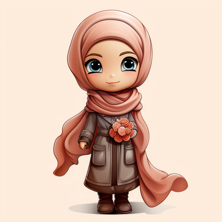 Cute little muslim girl in a coat and scarf. Vector illustration.の素材