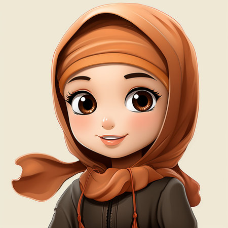 Cute muslim girl with brown hijab. Vector cartoon illustration.の素材