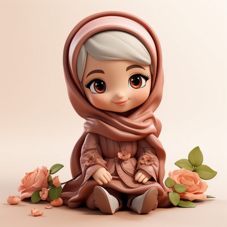 3D Render of Cute Little Muslim Girl with Rose Flower Backgroundの素材