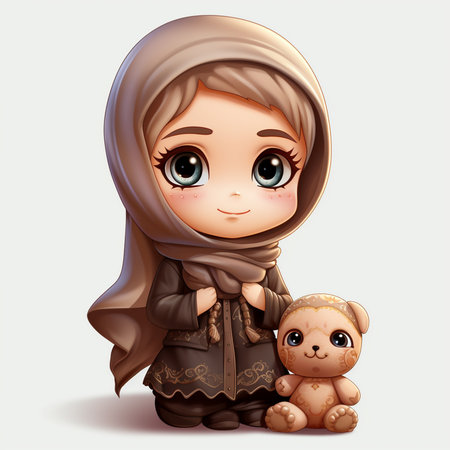 Cute little muslim girl with teddy bear. Vector illustration.の素材