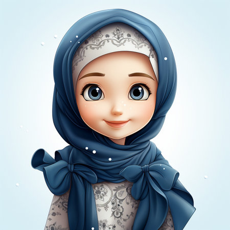 Cute muslim girl in hijab with blue scarf. Vector illustration.の素材