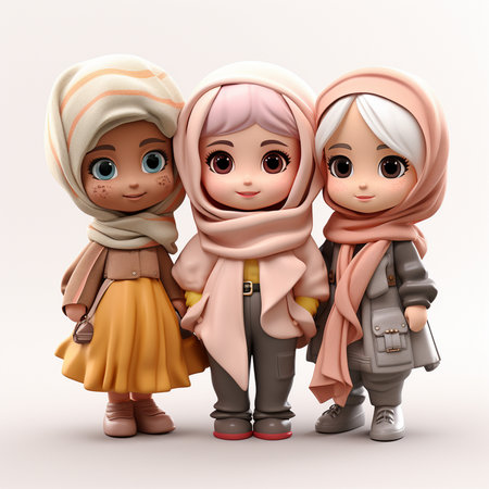 3D Render of muslim kids with hijab and bagの素材