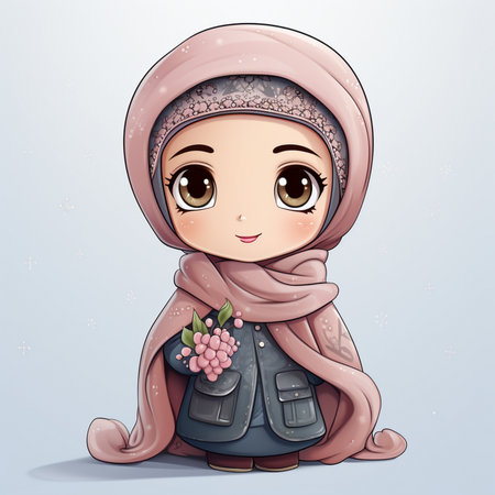 Cute muslim girl with flowers in her hand. Vector illustration.の素材