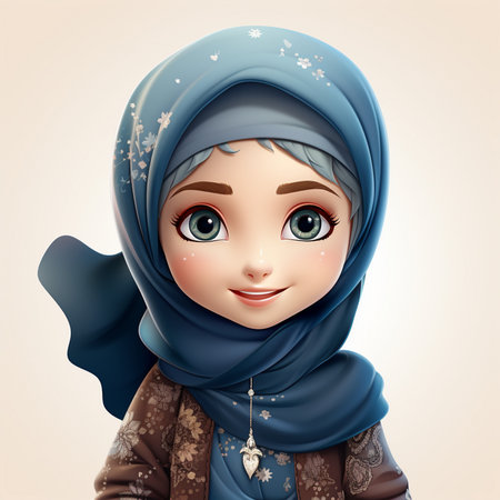 Cute little muslim girl with blue hijab. Vector illustration.の素材
